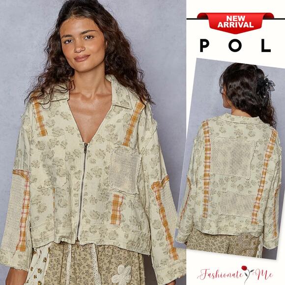POL Raw Hem Zip Up Floral & Plaid Pattern Crochet Patches Relaxed Jacket | Sage - Picture 1 of 5